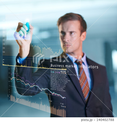 Dashboard, graph and businessman digital on finance with technology for future of data analyst. Male person, serious and working in company for corporate as employee or staff for solving of database 140402788