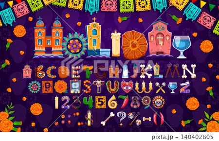 Mexican Day of the Dead holiday font typeface, Dia de los Muertos type letters and numbers. Vector typography font alphabet of cartoon Day of the Dead Catrina skulls, marigold flowers, ofrenda letters Mexican Day of the Dead holiday font typeface, Dia de los Muertos type letters and numbers. Vector typography font alphabet of cartoon Day of the Dead Catrina skulls, marigold flowers, ofrenda letters 140402805