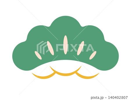 Japanese New Year pine tree icon with rounded green foliage and pale bud shapes above golden wave motifs. Traditional celebration symbol and seasonal greeting art for holiday and festival decorations Japanese New Year pine tree icon with rounded green foliage and pale bud shapes above golden wave motifs. Traditional celebration symbol and seasonal greeting art for holiday and festival decorations 140402807