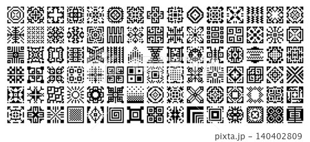 8 bit pixel elements set of retro game UI. Vector pixel art icons of vintage computer and video game interface elements. Isolated 8 bit graphic patterns set with flowers, snowflakes, sun and snow 140402809