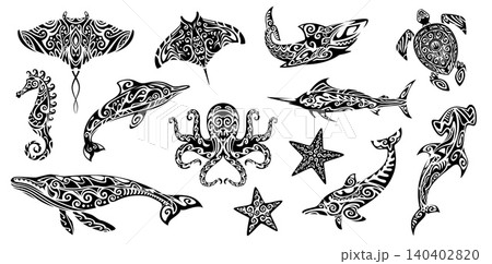 Black maori tribal animal tattoo with vector silhouettes of sea turtle, shark, manta ray and fish with polynesian tribal geometric pattern. Whale, dolphin, stingray, octopus and starfish maori tattoos 140402820