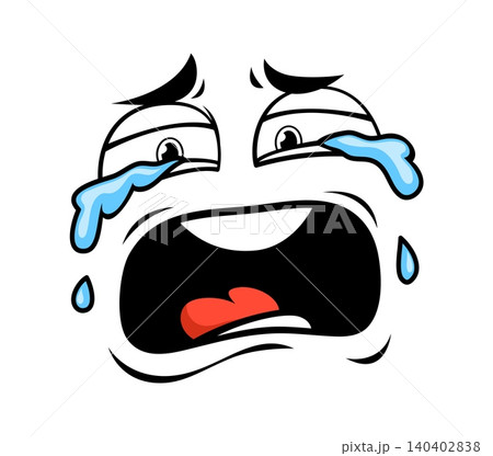 Crying cartoon face emoji with streaming tears and wide open mouth conveying extreme sadness and emotional release expression. Expressive comic character showing desperation and dramatic reaction 140402838