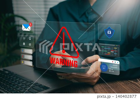 Warning alert concept, hand using smartphone with red caution symbol overlay, security risk notification, system monitoring, threat awareness, safety verification workflow, digital protection process. Warning alert concept, hand using smartphone with red caution symbol overlay, security risk notification, system monitoring, threat awareness, safety verification workflow, digital protection process. 140402877
