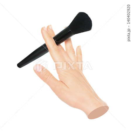 Woman hand holds black cosmetics brush, isolated on transparent background, cosmetics and visage concept. Contemporary art 140402920