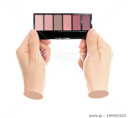 Woman hand holds cosmetic palette, isolated on transparent background, cosmetics and visage concept. Contemporary art Woman hand holds cosmetic palette, isolated on transparent background, cosmetics and visage concept. Contemporary art 140402928