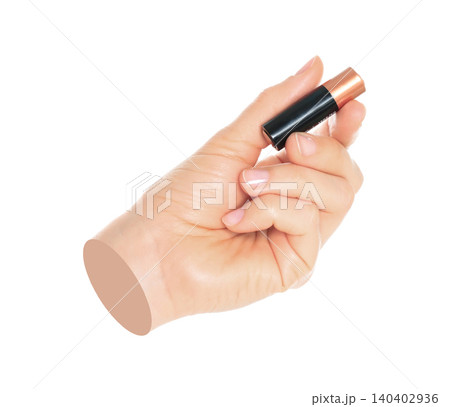Woman hand holds battery, isolated on transparent background, energy batteries and energy saving concept. Contemporary art 140402936