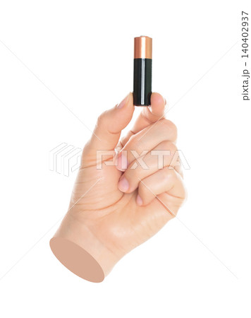 Woman hand holds battery, isolated on transparent background, energy batteries and energy saving concept. Contemporary art 140402937