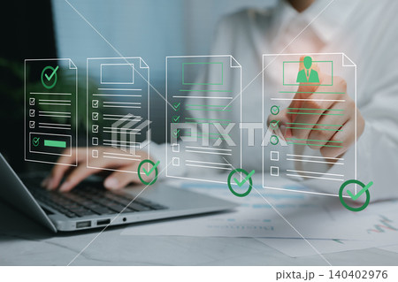 checklist concept. Professional Workflow Illustrating Document Management and Digital Checklist on Laptop Screen in Modern Office Setting checklist concept. Professional Workflow Illustrating Document Management and Digital Checklist on Laptop Screen in Modern Office Setting 140402976