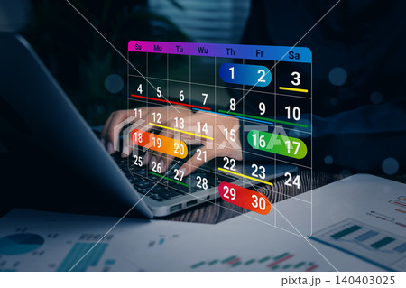 Business planning. Time Management, digital calendar schedule overlay on businessman working with laptop, productivity planning and project organization Business planning. Time Management, digital calendar schedule overlay on businessman working with laptop, productivity planning and project organization 140403025