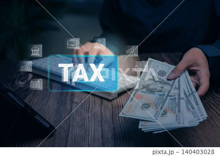 Tax Planning, businessman managing tax payment with cash and financial icons on digital interface, accounting and business compliance Tax Planning, businessman managing tax payment with cash and financial icons on digital interface, accounting and business compliance 140403028