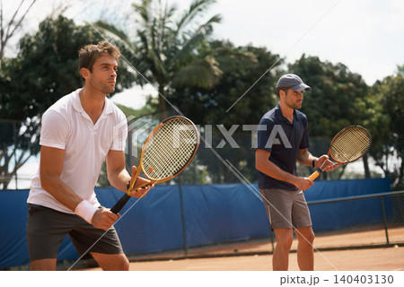 Fitness, sports or tennis and doubles team with men on court for competition, game or match together. Exercise, partner and training with confident young athlete people outdoor in summer for action 140403130