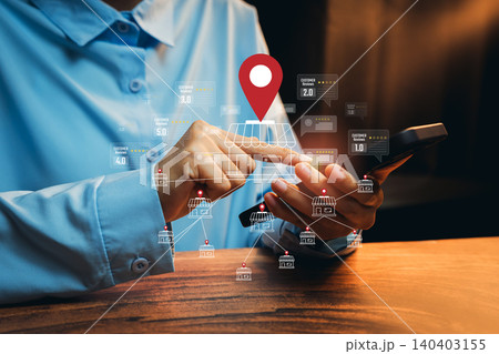 Person Using Smartphone to Check Business Location and Customer Ratings in a Modern Digital Environment, Business concept Person Using Smartphone to Check Business Location and Customer Ratings in a Modern Digital Environment, Business concept 140403155