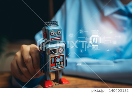 AI Interface concept. Vintage Robot Toy in Hand with Futuristic AI Interface and Technology Concept in Background 140403182