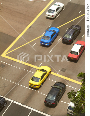 High angle of street, cars and parking lot for road infrastructure, transport and traffic flow. Aerial view of outdoor with driving and asphalt and lines or design for travel, car and street rules 140403197