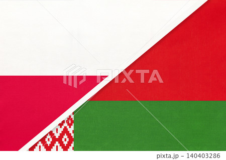 Poland and Belarus national flags on fabric background, international partnership and cooperation between two countries 140403286