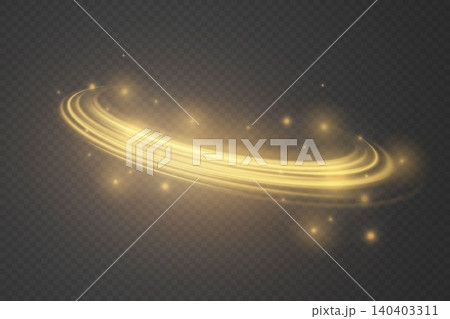 Golden light trail swirling with sparkling particles creating a dynamic abstract motion effect 140403311