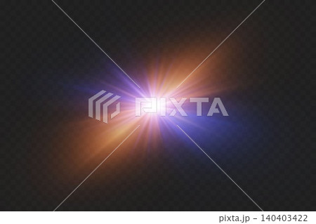 Bright lens flare creating a starburst and glowing orange and blue light beams 140403422