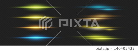 Abstract digital effect showing bright multi colored horizontal light streaks against dark background Abstract digital effect showing bright multi colored horizontal light streaks against dark background 140403435