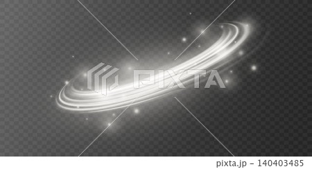 White glowing light trails moving in a swirling circular path with sparkling particles 140403485