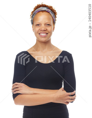 Studio, portrait and woman in fashion with arms crossed for confidence and pride in white background. Casual, outfit and creative girl with style for work as artist or designer with happiness Studio, portrait and woman in fashion with arms crossed for confidence and pride in white background. Casual, outfit and creative girl with style for work as artist or designer with happiness 140403510
