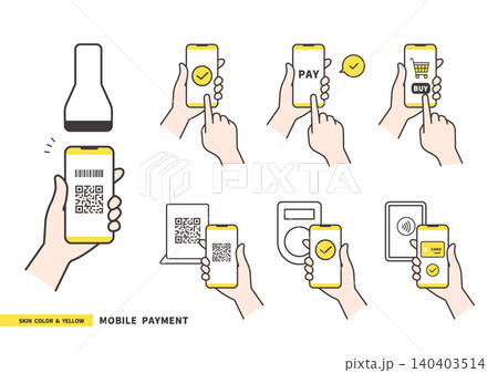 スマホ決済・QRコード決済のイラストセット（イエロー・キャッシュレス・モバイル決済素材） 140403514