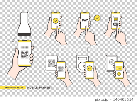 スマホ決済・QRコード決済のイラストセット（イエロー・キャッシュレス・モバイル決済素材） 140403514