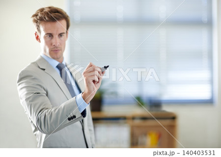 Businessman, planning and presentation with marker on glass, thinking and writing ideas for vision. Professional person, stand and work in office strategy, preparation and concentrate for project 140403531