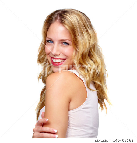 Smile, hair care or portrait of happy woman in studio for keratin growth or healthy natural shine. Face, wellness or model with confidence or beauty for blonde hairstyle results on white background 140403562