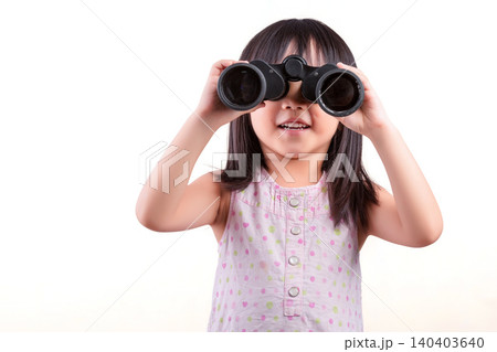 Curious little Asian girl looking through binoculars, concept of vision, future, searching and discovery. Curious little Asian girl looking through binoculars, concept of vision, future, searching and discovery. 140403640