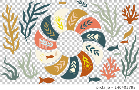 Abstract nautical circle frame wreath with seaweed fishes and corals in bold boho style Abstract nautical circle frame wreath with seaweed fishes and corals in bold boho style 140403798