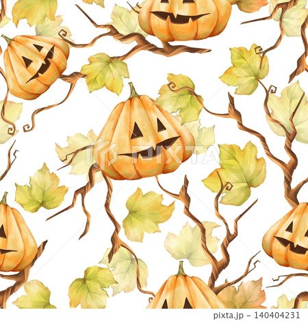 Seamless hand-drawn pattern of jack-o'-lanterns, Halloween background with leaves and twisting branches on white background Seamless hand-drawn pattern of jack-o'-lanterns, Halloween background with leaves and twisting branches on white background 140404231