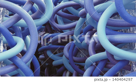 Intertwined blue foam tubes creating an abstract tangle pattern and texture Intertwined blue foam tubes creating an abstract tangle pattern and texture 140404297