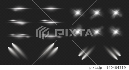 Various luminous elements including horizontal light streaks, starbursts, and spotlights on dark background 140404319