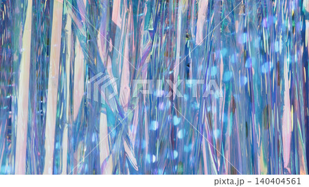 Iridescent holographic tinsel curtain with shimmering blue and pink light reflections Iridescent holographic tinsel curtain with shimmering blue and pink light reflections 140404561