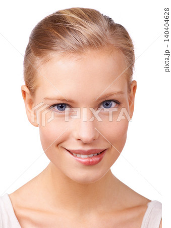 Portrait, beauty and woman biting lip in studio isolated on white background for natural confidence. Face, skincare and makeup with young feminine person closeup at salon for cosmetics or dermatology 140404628