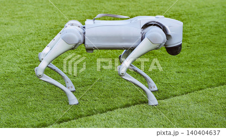 Quadruped robot dog standing on artificial grass, symbolizing innovation and future Quadruped robot dog standing on artificial grass, symbolizing innovation and future 140404637