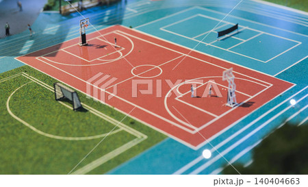 Miniature city planning showing various sports courts and tiny people on a basketball court 140404663