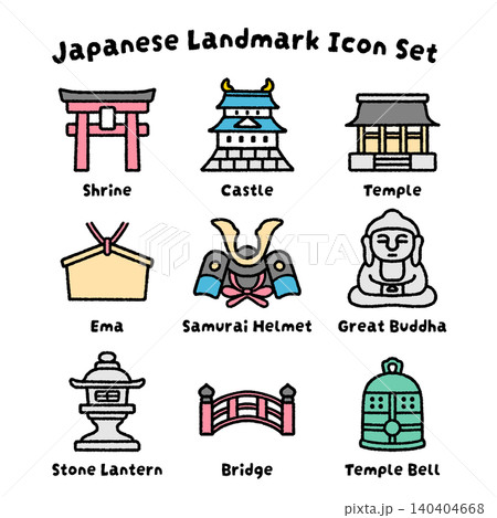 日本文化・観光アイコンセット|神社・寺・城・マップ素材 日本文化・観光アイコンセット|神社・寺・城・マップ素材 140404668