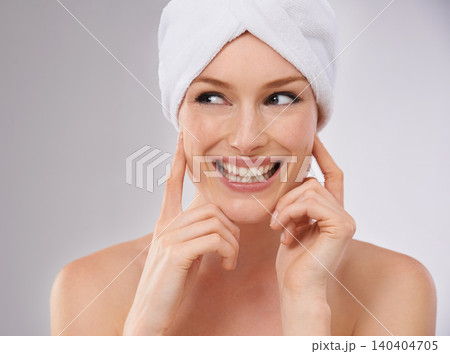 Happy, woman and thinking about skincare for beauty and healthy dermatology in studio background. Girl, smile and model laughing with glow on skin from facial, cosmetics or ideas for self care Happy, woman and thinking about skincare for beauty and healthy dermatology in studio background. Girl, smile and model laughing with glow on skin from facial, cosmetics or ideas for self care 140404705