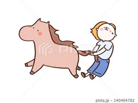 走る馬の尻尾を掴んで必死に引っ張る男性（Hold your horses） 140404782
