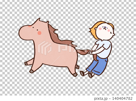 A man desperately pulls on a running horse by its tail. 140404782