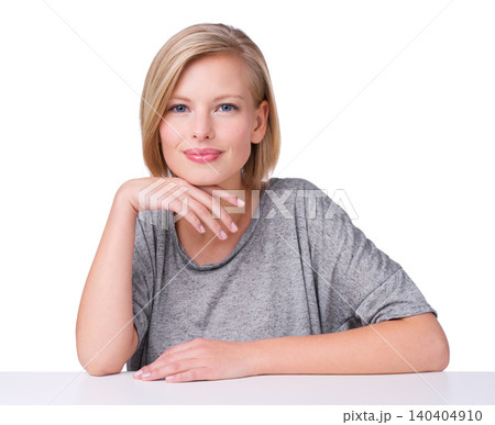 Woman, portrait and cosmetic beauty in studio with confidence or makeup treatment, white background or table. Female person, face and model in Canada or skincare dermatology, wellness or mockup space Woman, portrait and cosmetic beauty in studio with confidence or makeup treatment, white background or table. Female person, face and model in Canada or skincare dermatology, wellness or mockup space 140404910