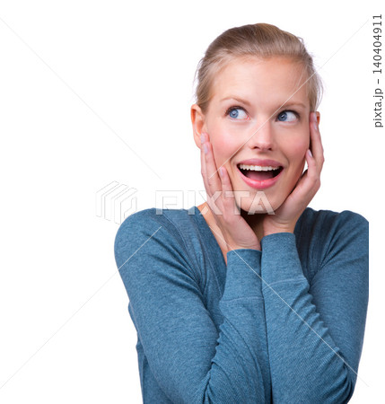 Woman, surprise and smile in studio, shocked and announcement of sale. Wow, excited and female person happy for retail deals, model and isolated white background and mockup space for discount Woman, surprise and smile in studio, shocked and announcement of sale. Wow, excited and female person happy for retail deals, model and isolated white background and mockup space for discount 140404911