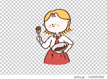 A female pastry chef smiles as she mixes chocolate in a bowl (baking, Valentine's Day). 140404992