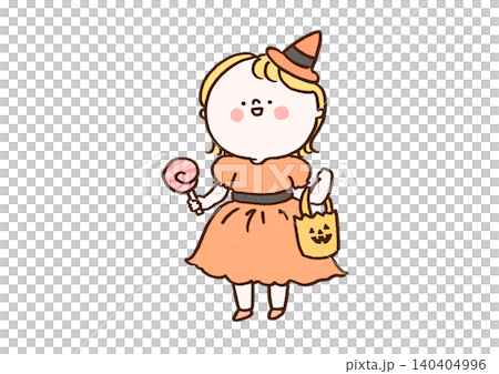 A girl dressed as a witch goes around collecting candy (Halloween trick-or-treating). A girl dressed as a witch goes around collecting candy (Halloween trick-or-treating). 140404996