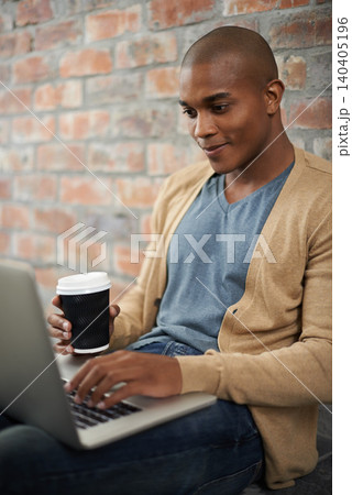 Man, coffee and student on laptop in outdoors, e learning and online course for studying on tech. Black male person, latte and university website for education, wall background and internet for email 140405196