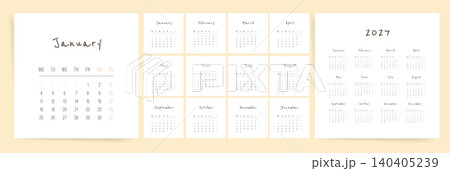 2027 Calendar Planner Template, Set of 12 Monthly Calendar Pages, Week Starts on Monday, Minimal Handwritten Simple Vector Design 2027 Calendar Planner Template, Set of 12 Monthly Calendar Pages, Week Starts on Monday, Minimal Handwritten Simple Vector Design 140405239