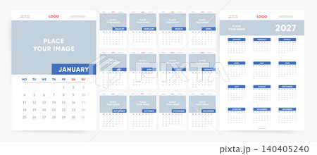 2027 Calendar Planner Template with Photo Placeholder, Set of 12 Monthly Calendar Pages, Week Starts on Monday, Modern Corporate Vector Design 2027 Calendar Planner Template with Photo Placeholder, Set of 12 Monthly Calendar Pages, Week Starts on Monday, Modern Corporate Vector Design 140405240