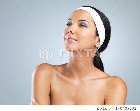 Latina woman, face and skin for beauty, skincare and cosmetics on gray background with glamour, elegance and natural glow. Mexican female person, model and radiance for cleansing, dermatology or care 140405332