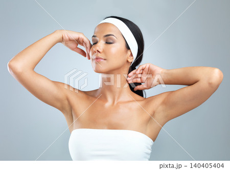 Woman, smooth and armpit for hair removal, skincare and beauty in studio on light grey background. Cosmetology, female person, arms or body care for silky, clean or flawless skin with healthy glow Woman, smooth and armpit for hair removal, skincare and beauty in studio on light grey background. Cosmetology, female person, arms or body care for silky, clean or flawless skin with healthy glow 140405404